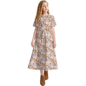 LaBeca Girls Casual Butterfly Sleeve Elastic Crew Neck Floral Printed Solid Color High Waist Midi Belted Dress with Pocket