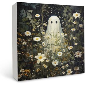 OFlich Ghosts Floral Wooden Sign - Ghost Wooden Box Sign, Daisy Decor, Horror Spooky Cute Ghost Decor, Halloween Decorations, 5×5 Inch