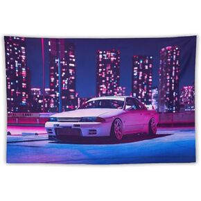 josnmre R32 Retrowave White Jdm Car Neon Purple Tapestry Wall Hanging Funny Wall Tapestry for Bedroom Living Room Office Classroom Dorm Ceiling Home Wall Decor Art Tapestries 40"x60"