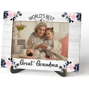 Grandma Photo Frame - World's Best Great Grandma Wooden Tabletop Photo Frame with Stand - Floral Picture Frame - Birthday Mother's Day Gifts for Nana -A19