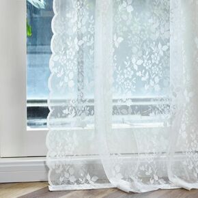 TERLYTEX Ivory Lace Curtains 63 Inch Length, 2 Panels Retro Embroidered Floral Lace Window Curtains for Bedroom, Light Filtering Rod Pocket Privacy Scalloped Edges Sheer Lace Curtains, 52 x 63 Inch
