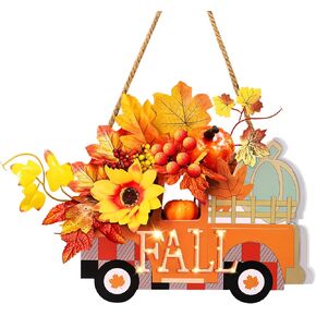 [Lighted & Timer]Fall Decorations Truck Sign Lighted Fall Wreath Fall Signs with Sunflower Maples Leafed Pumpkin Berried Hanging Fall Door Signs Thanksgiving Table Decorations for Home Indoor Outdoor