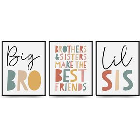 ETVISO Nursery Big Bro Lil Sis Wall Art Set of 3, Kids Room Wall Art, Sisters Brothers Prints, Play Room Decor for Kids, 8x10 (Unframed)