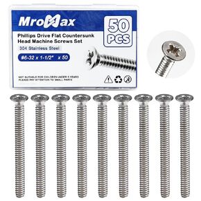MroMax 100Pcs #8-32 x 1/2" Phillips Flat Head Machine Screws, 304 Stainless Steel(18-8), UNC Coarse Thread, Countersunk Head Machine Screws, Phillips Drive #2