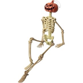16in Halloween Posable Skeleton Pumpkin Full Body Skeleton Decor with Movable Joints Spooky Hanging Ghost Skeleton for Yard Garden Lawn Haunted House Graveyard Props