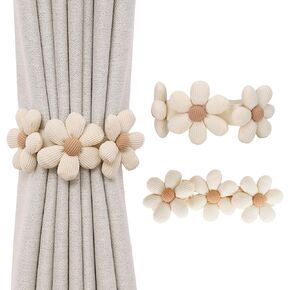 2pcs Curtain Ties Curtain Buckles,Cute Flower Curtain Ties Decor with Buttons,Curtain Tie Backs for Bedroom Window Treatment (Off White)