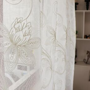 SLOW SOUL Set of 2 Panels White Lotus Floral Sheer Curtains Modern Semi Sheer Embroidered Curtains & Drapes for Bedroom Living Room Rod Pocket 54W X 69L inch