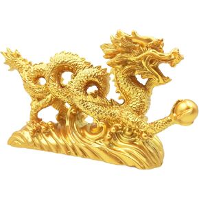 6 Inch Chinese Gold Feng Shui Dragon Statue, Resin Model, Bring Good Luck, Protect Family