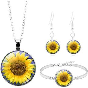 3pcs Sunflower Necklace Bracelet with Yellow Flower Drop Earrings Sun Flower Jewelry Set for Women