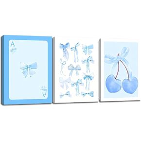 Trendy Blue Bows Wall Art Set of 3 Preppy Cherry Watercolor Bows Canvas Posters Prints Girly Aesthetic Room Decor Coquette Pictures for College Apartment Bedroom Dorm Decoration 12x16x3inch Unframed