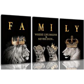 3Pcs Framed Lion Family Canvas Wall Art The Lion King and Queen with Gold Crown Posters Prints Modern Motivational Black and White Animal Wall Decor Picture Painting for Home Bedroom Living Room Office decoration