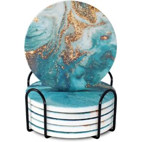 Blue Marble Ceramic Coasters with Holder Absorbent Drink Coaster Set Outdoor Round Abstract Cute Table Decorative Coffee Cup Beverage Fun Wine Beer Bar Gold Housewarming 6 Pack