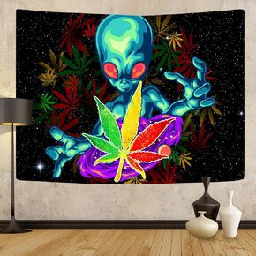 Emwnodti Cool Alien Weed Tapestry Wall Hanging, Trippy Marijuana Starry Sky Tapestries for Bedroom, Psychedelic Wall Tapestry for Men Wall Art Poster for Dorm Home Decor, 60x40 inch