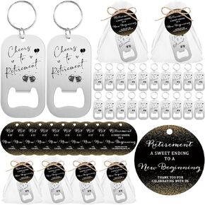 Maxcheck 50 Sets Retirement Party Favors for Guests Cheers to Retirement Beer Opener Keychain Bottle Opener Keychain with Thank You Tags Organza Bags Black and Gold Retirement Party Decoration