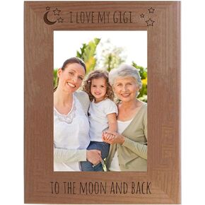 CustomGiftsNow I Love My Gigi to The Moon and Back - Engraved Natural Alder Wood Hanging/Tabletop Picture Memory Family Memorial Photo Real Wooden Frame