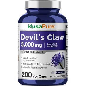 NusaPure Devil's Claw 5000 mg, 200 Veggie Capsules, Concentrated Root Extract, Devils Claw Herbal Supplement, Non-GMO, Vegan Supplement