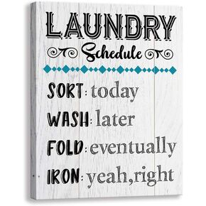 Kas Home Vintage Laundry Room Canvas Wall Art | Laundry Schedule Funny Rules Prints Signs Framed | Bathroom Laundry Room Decor (15 X 12 inch, Launday)