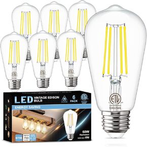 لمبات LED Edison خمر 4000K ضوء النهار الطبيعي، 6W E26 لمبة 60 وات مكافئة، Golspark E26 قاعدة قياسية لمبات إضاءة واضحة، ST58 خيوط نوع A لمبة إضاءة لأضواء المروحة، 6 عبوات 700LM غير قابلة للتعتيم
