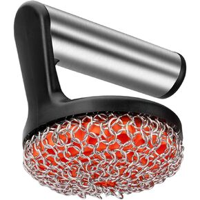 Skyflame Cast Iron Scrubber with Handle, Stainless Steel Chainmail Cleaner for Pans and Skillets - Cast Iron Cookware, Ovens and Grills Cleaning Accessory
