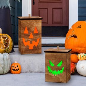 2 Pcs Wooden Jack O Lantern Pumpkins Halloween Light up Jack O Lantern Outdoor Indoor Battery Operated Lighted Pumpkin with Spooky Face Halloween Lantern Decorations Party Favor Gift