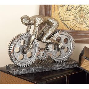 Deco 79 Polystone People Sculpture with Bike, 10" x 3" x 8", Silver