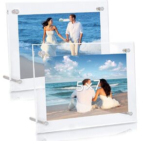 RECUTMS 5x7 Acrylic Picture Frame 2 Pack, Clear Acrylic Frameless Floating Desk Picture Frames with Stand for Desktop Display Gift for Home Office