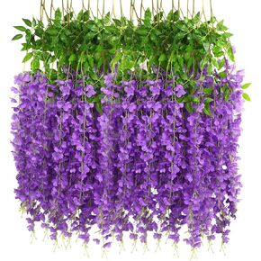 CCINEE 12 Pack Wisteria Flower Vines Garland 3.75 Feet Fake Hanging Flower Artificial Wisteria Vines Rattan Silk Wisteria Vine for Wedding Party Garden Greenery Home Wall Decoration（Purple）