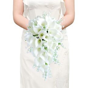 Roahosy Calla Lily Wedding Bouquet for Bride, Cascading Bridal Bouquet White Waterfall Wedding Flowers Bouquet for Wedding Ceremony Anniversary Bridal Shower