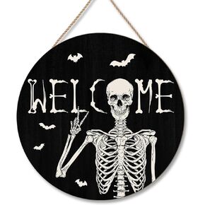 Halloween Skull Welcome Door Sign Halloween Front Door Hanger Decor Rustic Wood Hanging Door Wreath Wall Sign Home Party Outdoor Wall Decor
