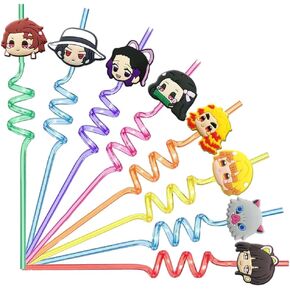 24 Demon Slayer Reusable Drinking Straws, Anime Themed Party Favors Birthday Decorations for Kids Girls Boys