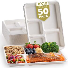 brheez Eco-Friendly 5 Compartment 8"x10" Disposable School Tray - Made from Bagasse Sugar Cane Fiber - Biodegradable, Compostable & Chemical Free - Pack of 50