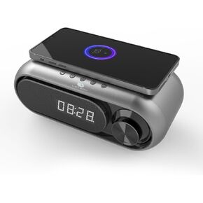 Portable Bluetooth Speaker with Clock, 30-Level Volume,LED Time Display,10W Wireless Charging and USB Charger,Multifunctional Digital Clock (Metallic Grey), 195*105*72mm, WD-300
