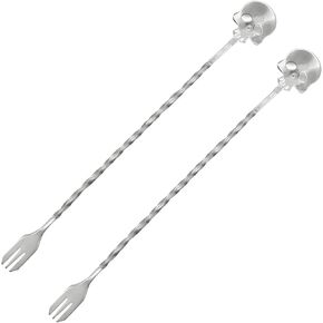 2Pcs Skull Bar Spoon and Fork with Spirial Pattern 9.8inch Long Handle 18/10 Stainless Steel Cocktail Shaker Spoon for Bartender Halloween Stirring Beverages
