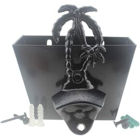 Black Palm Tree Cast Iron Beer Bottle Opener Wall Mounted with Cap Catcher Bundle for Beach Theme Gifts