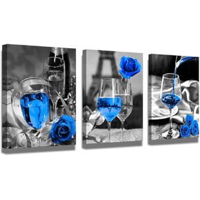 Blue wall decor Blue kitchen decor Bathroom, room, dining room decor Wine decor canvas art blue wine rose artwork black and white with blue wine painting print rose art dining room picture 12x16"x3