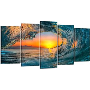 KREATIVE ARTS Large 5 Piece Sea Waves Wall Art Modern Framed Giclee Canvas Prints Seascape Artwork Ocean Beach Pictures Paintings on Canvas for Living Room Home Office Decor (Large Size 60x32inch)