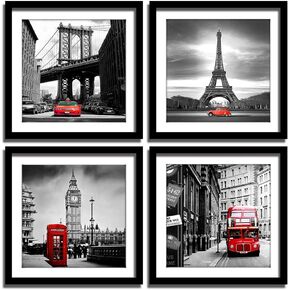 ENGLANT 4 Pieces Framed Canvas Wall Art, Black White and Red Wall Decor Landscape Poster with Eiffel Tower, Brooklyn Bridge, London Big Ben Picture for Bedroom and Bathroom