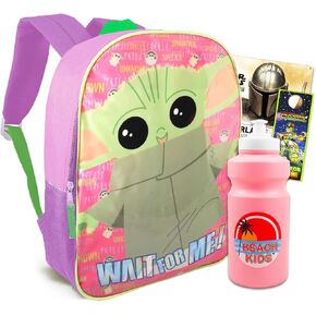 Fast Forward Baby Yoda Backpack Set - 4 Pc Bundle with 16" Pink Mandalorian Bag, Stickers, Water Bottle, and More | Star Wars School Supplies