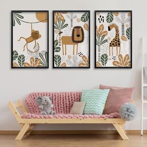Baby Safari Animals Wall Art 16"x11" Set of 3 Boy Girl's Kids Room Boho Wood Framed Sign Rustic Farmhouse Vintage Nursery Children's Room Cute Wildlife Prints Wall Prints Hang Decor (White)