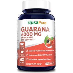 NusaPure Guarana Extract 6000mg 200 Veggie caps (Non-GMO, Gluten Free)