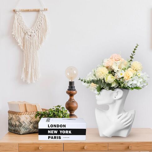 Maxcheck 1 Pcs Ceramics Head Face Flower Vase and 3 Pcs Decorative Faux Book Stack Abstract Sculpture Modern Bust Human Face Art Statue Flower Vase Pots for Office Wedding Living Room Table (White) in Saudi Arabia
