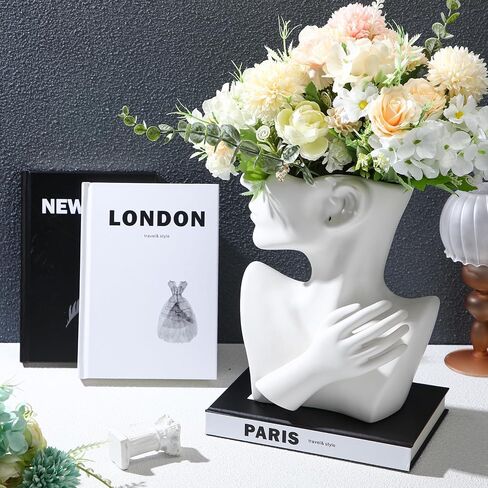Maxcheck 1 Pcs Ceramics Head Face Flower Vase and 3 Pcs Decorative Faux Book Stack Abstract Sculpture Modern Bust Human Face Art Statue Flower Vase Pots for Office Wedding Living Room Table (White) in Saudi Arabia
