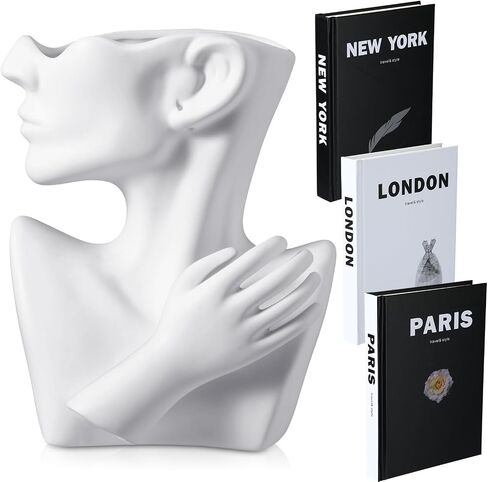 Maxcheck 1 Pcs Ceramics Head Face Flower Vase and 3 Pcs Decorative Faux Book Stack Abstract Sculpture Modern Bust Human Face Art Statue Flower Vase Pots for Office Wedding Living Room Table (White) in Saudi Arabia