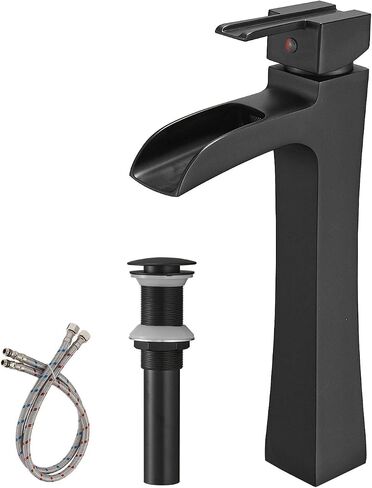BWE Vessel Sink Faucet Black Modern with Pop Up Drain Assembly without Overflow and Supply Hose Lead-Free Single Handle Single Hole Waterfall Bathroom Faucet for Vessel Sink Lavatory Mixer Tap Matte in Saudi Arabia