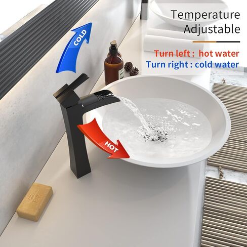 BWE Vessel Sink Faucet Black Modern with Pop Up Drain Assembly without Overflow and Supply Hose Lead-Free Single Handle Single Hole Waterfall Bathroom Faucet for Vessel Sink Lavatory Mixer Tap Matte in Saudi Arabia