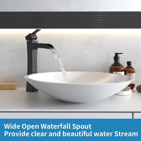BWE Vessel Sink Faucet Black Modern with Pop Up Drain Assembly without Overflow and Supply Hose Lead-Free Single Handle Single Hole Waterfall Bathroom Faucet for Vessel Sink Lavatory Mixer Tap Matte in Saudi Arabia