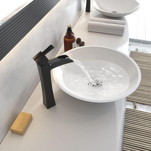 BWE Vessel Sink Faucet Black Modern with Pop Up Drain Assembly without Overflow and Supply Hose Lead-Free Single Handle Single Hole Waterfall Bathroom Faucet for Vessel Sink Lavatory Mixer Tap Matte in Saudi Arabia