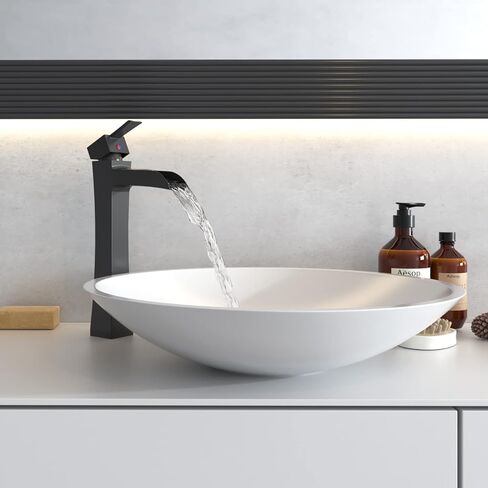 BWE Vessel Sink Faucet Black Modern with Pop Up Drain Assembly without Overflow and Supply Hose Lead-Free Single Handle Single Hole Waterfall Bathroom Faucet for Vessel Sink Lavatory Mixer Tap Matte in Saudi Arabia