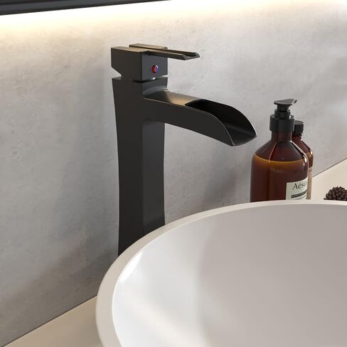 BWE Vessel Sink Faucet Black Modern with Pop Up Drain Assembly without Overflow and Supply Hose Lead-Free Single Handle Single Hole Waterfall Bathroom Faucet for Vessel Sink Lavatory Mixer Tap Matte in Saudi Arabia