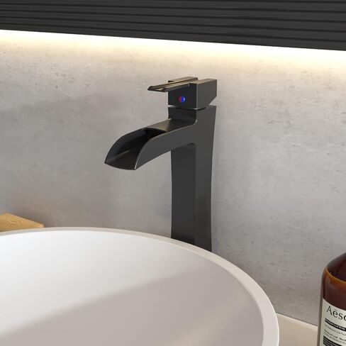 BWE Vessel Sink Faucet Black Modern with Pop Up Drain Assembly without Overflow and Supply Hose Lead-Free Single Handle Single Hole Waterfall Bathroom Faucet for Vessel Sink Lavatory Mixer Tap Matte in Saudi Arabia